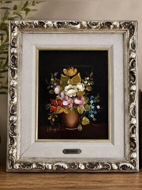 Ruggeri Framed Floral Still Life - Colorful Bouquet on Black Vintage